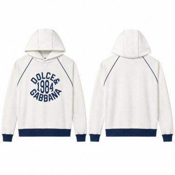 White and Navy Graphic Pullover Hoodie
