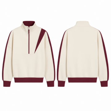 Cream and Maroon Mock Neck Half-Zip Oversized Sweater