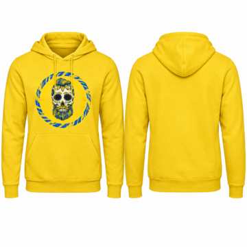 Yellow and Blue Pullover Hoodie with Skull Graphic