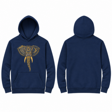 Navy and Gold Pullover Hoodie with Elephant Graphic