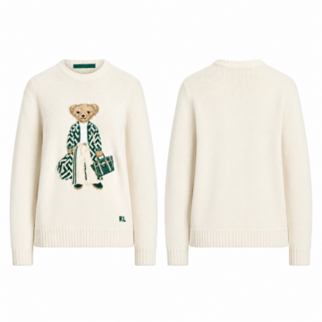 Emerald and White Crewneck Sweater with Teddy Bear Embroidery