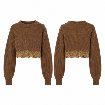 Brown and Gold Cropped Ribbed Knit Sweater with Scalloped Hem