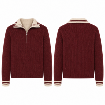 Maroon and Cream Ribbed Knit Quarter-Zip Pullover Sweater