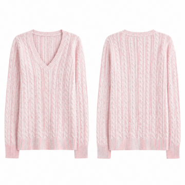 Pink and White V-Neck Cable-Knit Longline Sweater