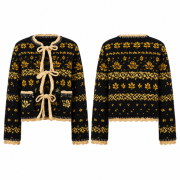 Black and Gold Floral Jacquard Boxy Cropped Cardigan with Lace-Up Front