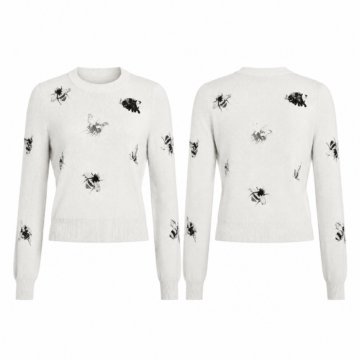 White and Black Embroidered Bee Crew Neck Knit Sweater