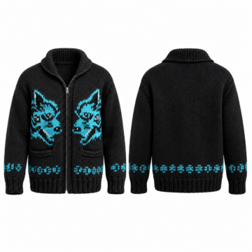 Black and Cyan Fox Intarsia Knit Zip-Up Cardigan with Shawl Collar