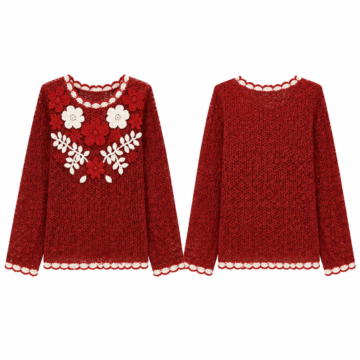 Red and White Floral Crochet Scoop Neck Oversized Top