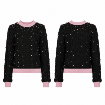Black and Pink Pearl-Embellished Cable Knit Sweater