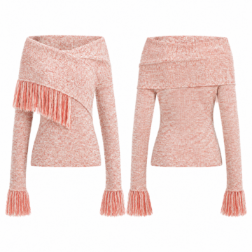White and Coral Fringe Off-the-Shoulder Knit Sweater