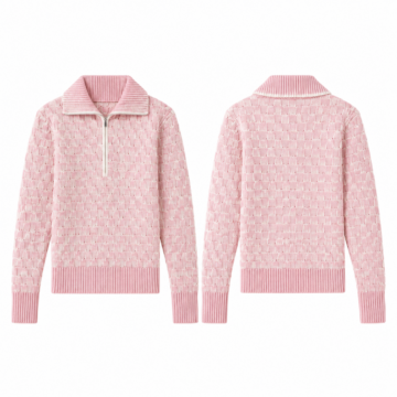 Pink and White Quarter-Zip Basketweave Knit Sweater