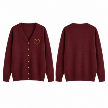 Maroon and Gold V-Neck Heart Motif Cardigan