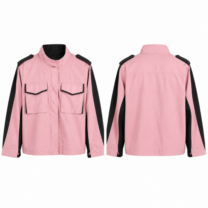 Pink and Black Utility Field Jacket with Stand Collar