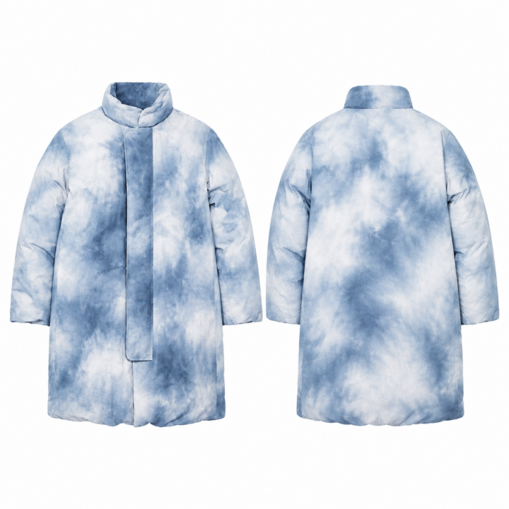 Blue and White Tie-Dye Oversized Longline Puffer Coat