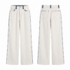 White and Navy Wide-Leg Five-Pocket Pants