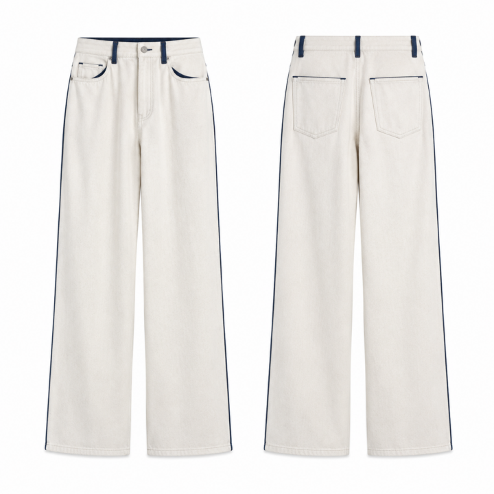 White and Navy Wide-Leg Five-Pocket Pants