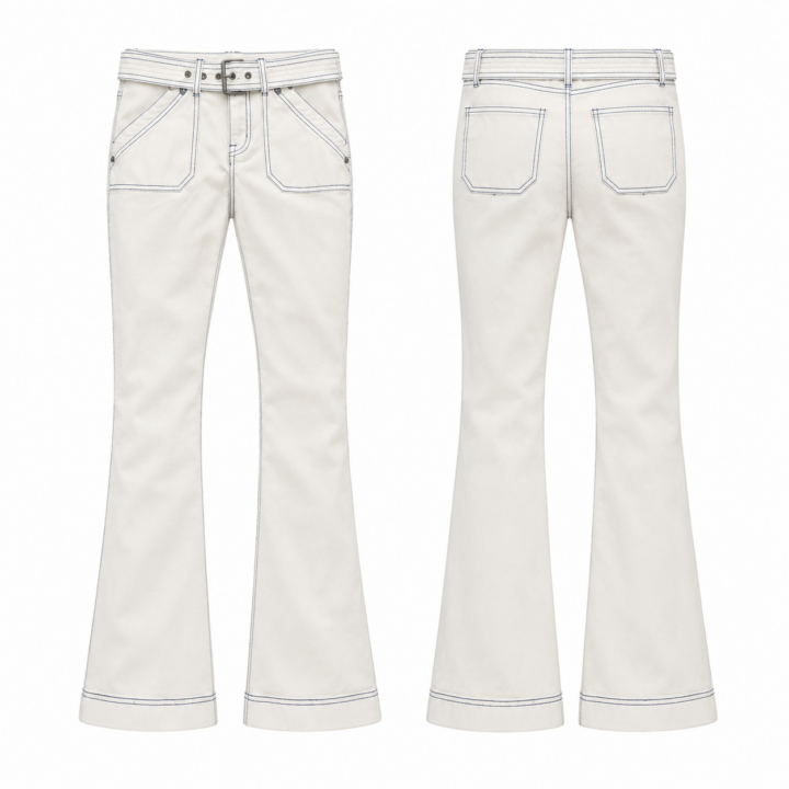 White and Navy High Rise Flared Pants with Self Tie Belt