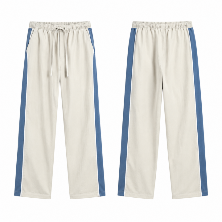 White and Blue Pull On Straight Leg Pants with Drawstring