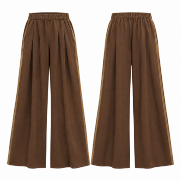 Brown and Gold Wide Leg Pants with Elastic Waist and Pleats