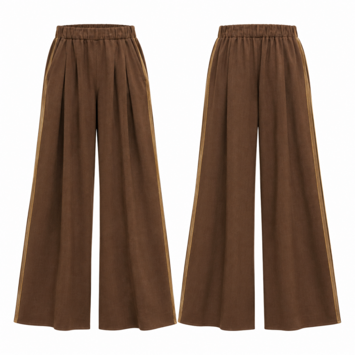 Brown and Gold Wide Leg Pants with Elastic Waist and Pleats