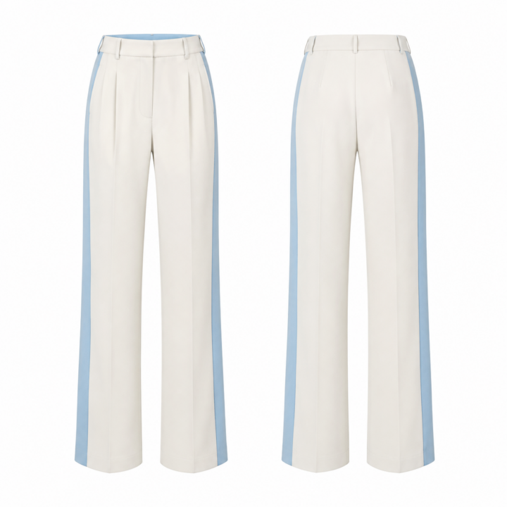 White and Sky Blue High Rise Wide Leg Pintuck Trousers