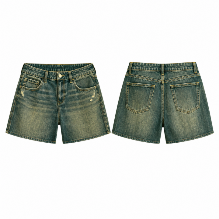 Gold and Forest Green High-Rise Straight-Leg Denim Shorts