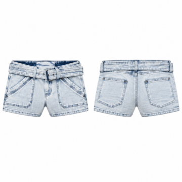White and Navy Fitted Denim Shorts with Self-Tie Belt