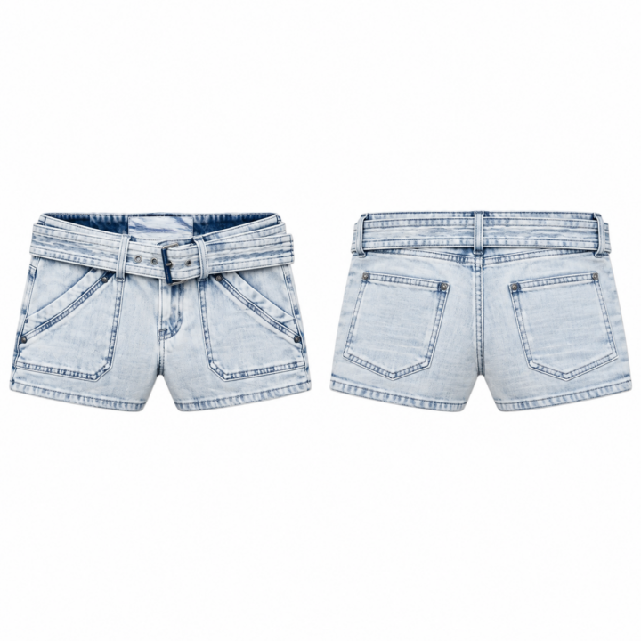 White and Navy Fitted Denim Shorts with Self-Tie Belt