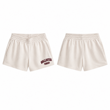 Cream and Maroon High-Rise Smocked Waist Straight-Leg Shorts