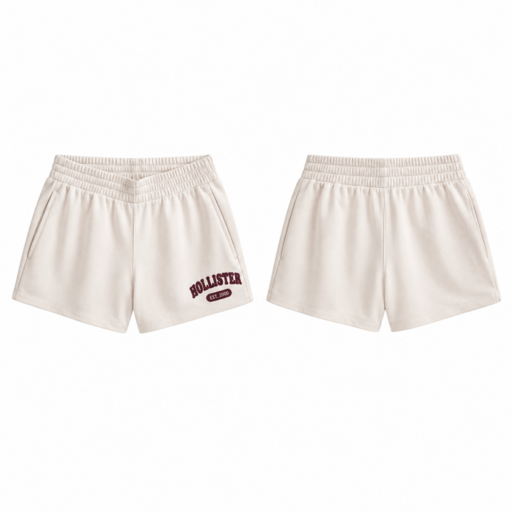 Cream and Maroon High-Rise Smocked Waist Straight-Leg Shorts