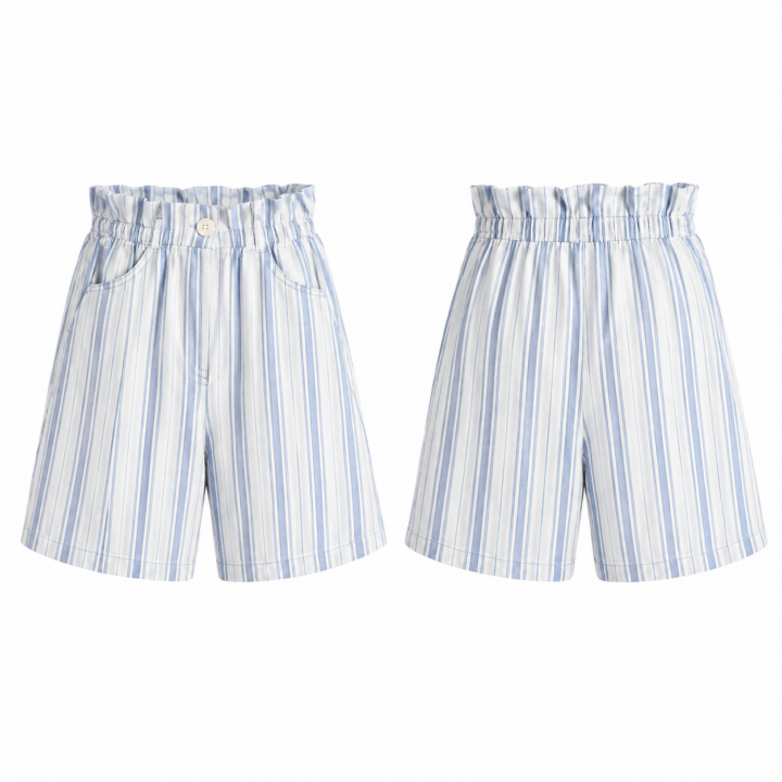 White and Blue Paperbag Waist High-Rise Flared Shorts