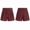 Burgundy and White High-Rise Flared Denim Shorts with Belt