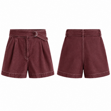 Burgundy and White High-Rise Flared Denim Shorts with Belt