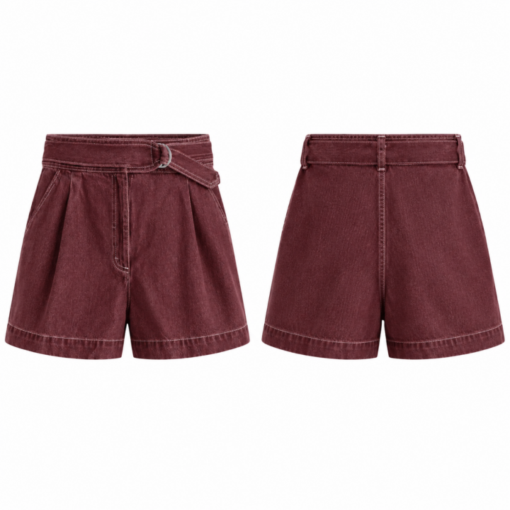 Burgundy and White High-Rise Flared Denim Shorts with Belt