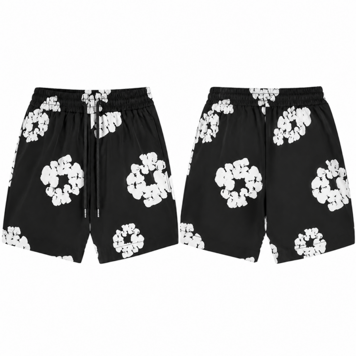Black and White Floral Drawstring Shorts