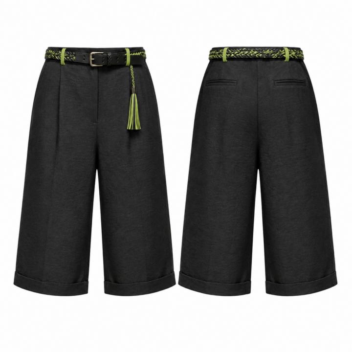 Black and Lime High-Waisted Wide-Leg Culotte Pants