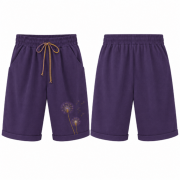Purple and Gold Pull-On Shorts with Dandelion Embroidery