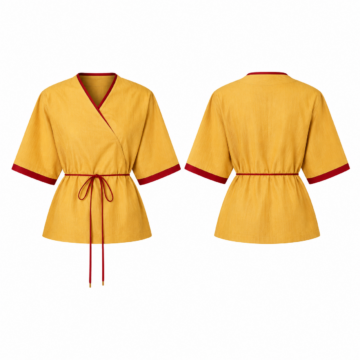 Gold and Red Wrap Top with Drawstring Waist and Short Sleeves