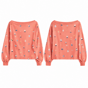 Coral and White Nautical Print Off-the-Shoulder Cropped Sweatshirt