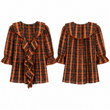 Orange and Black Windowpane Check Ruffle Blouse